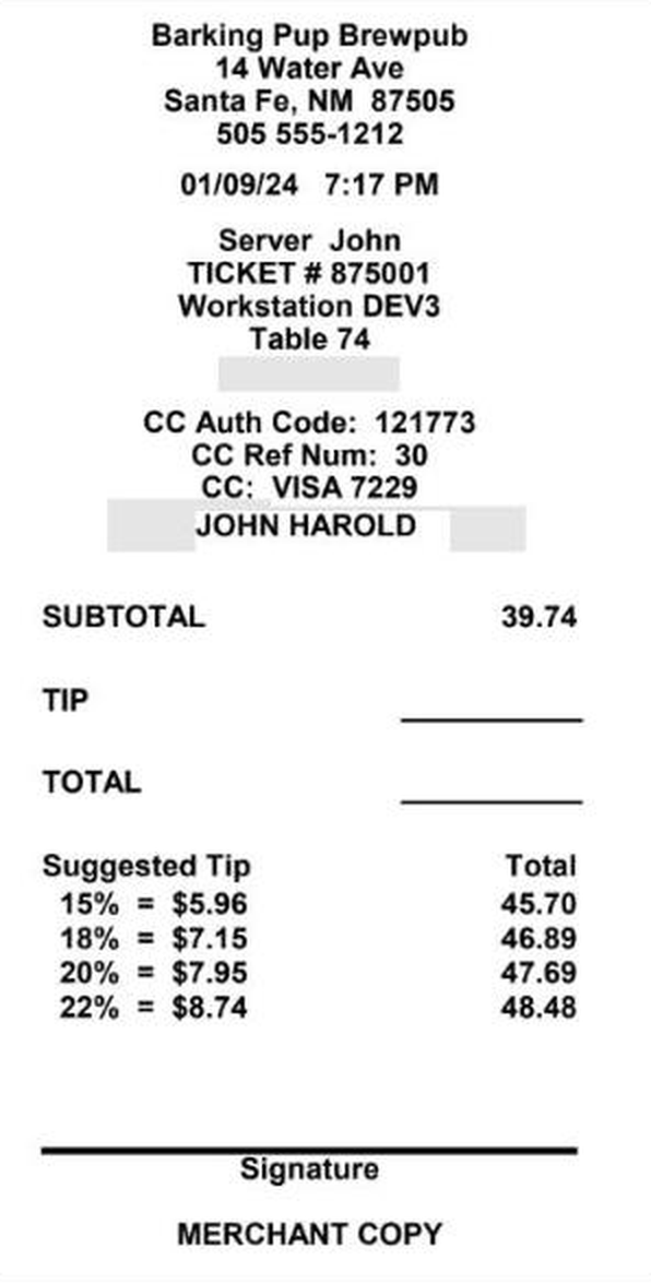 The merchant copy of a card slip, with blank TIP and TOTAL lines, suggested tips and a line to sign