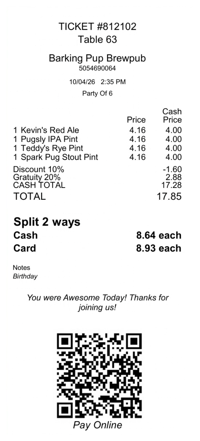 A presenter ticket from an even split, showing the whole bill and each guest's share in cash and on a card