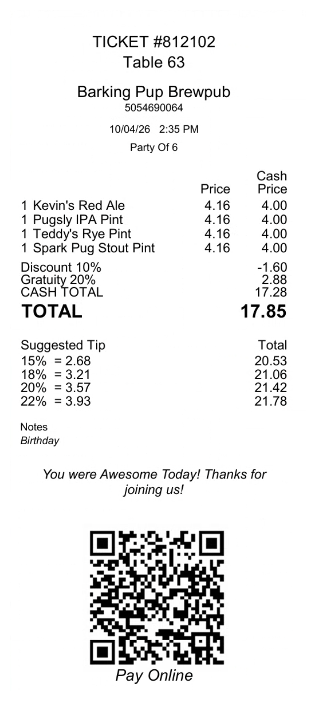 A presenter ticket with a 10% discount and a 20% gratuity, and suggested tips printed below the total
