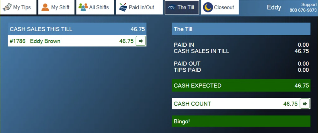 The Till tab with the count matching Cash Expected
