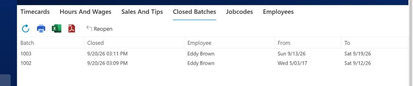 The Closed Batches tab with a Reopen button and two rows showing Batch, Closed, Employee, From and To