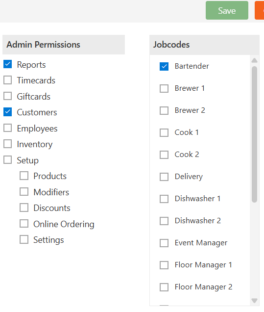 Part of an employee record: Admin Permissions tick boxes on the left and a Jobcodes list on the right with Bartender ticked