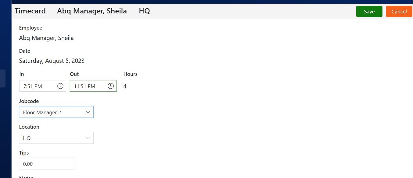 The same timecard with 11:51 PM in the Out box, Hours 4, and Save in solid green