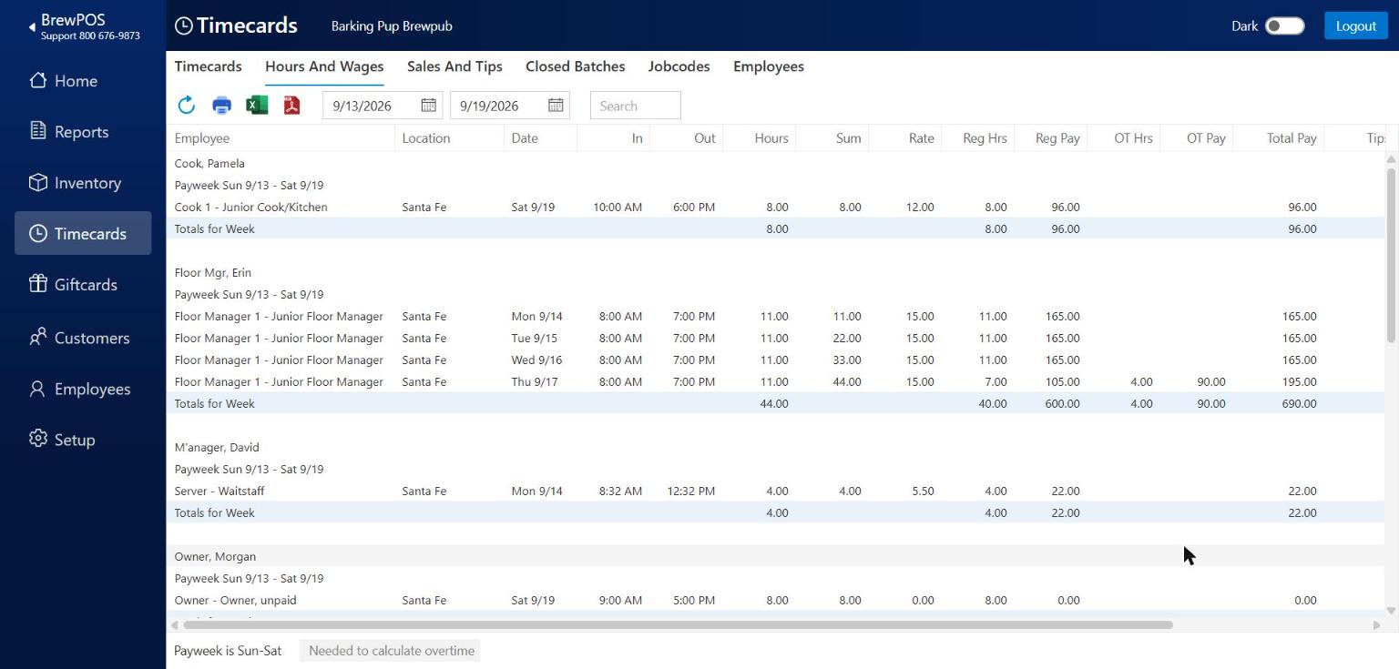 The Hours And Wages tab for 9/13/2026 to 9/19/2026, listing each person's timecards with Hours, Sum, Rate, Reg Hrs, Reg Pay, OT Hrs, OT Pay and Total Pay, and a Totals for Week line