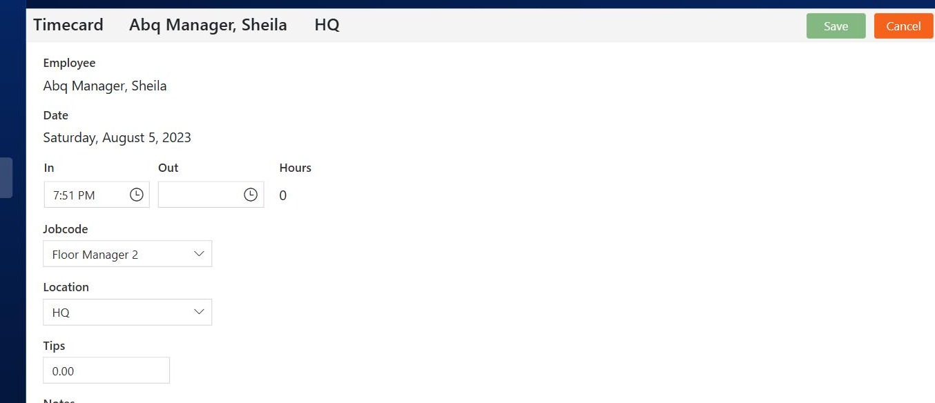 An open timecard with In at 7:51 PM, an empty Out box, Hours 0, and a pale Save button beside Cancel