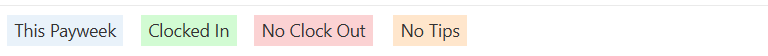 The colour key: This Payweek in blue, Clocked In in green, No Clock Out in pink and No Tips in orange