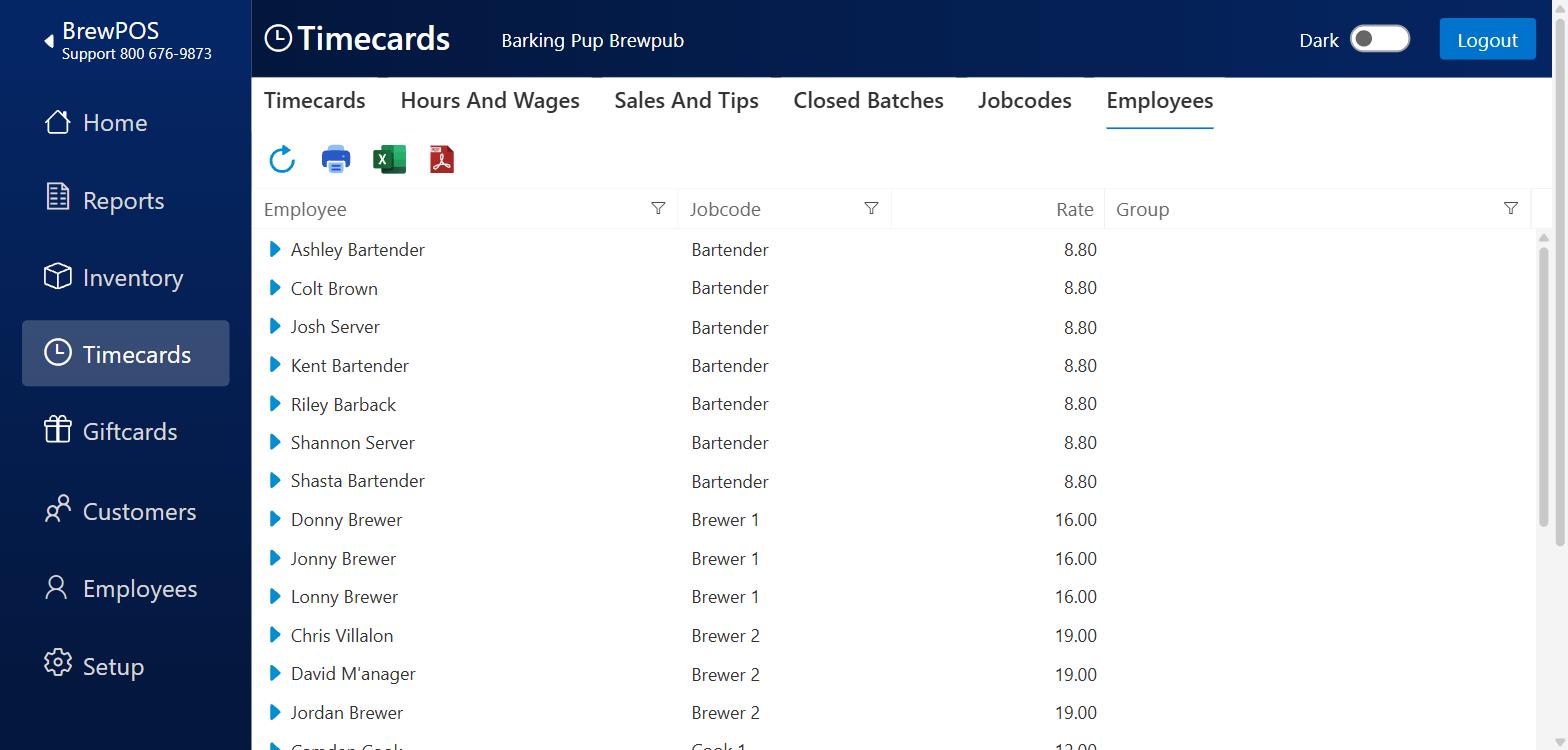 The Employees tab listing each member of staff beside a job code, with Rate and Group, and filter icons in the column headings