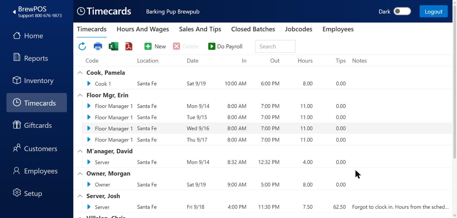 The Timecards tab with no red bar, every timecard showing an Out time, and Do Payroll in solid green