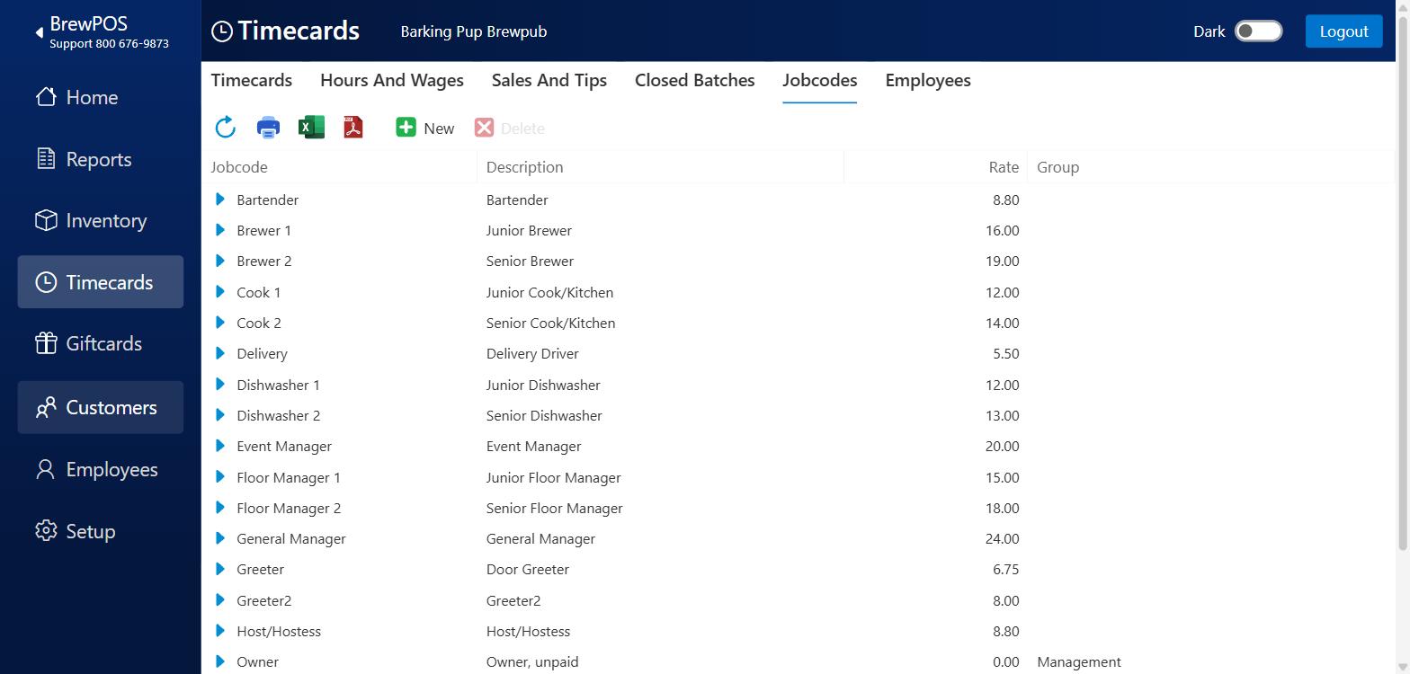 The Jobcodes tab listing each job code with its Description, Rate and Group, with New and Delete in the toolbar