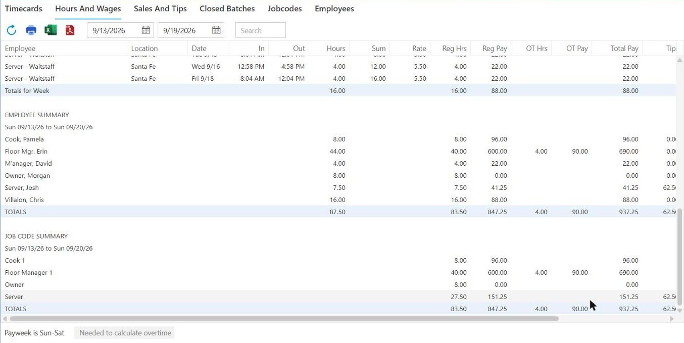 The foot of Hours And Wages: an Employee Summary with one line per person and a Job Code Summary with one line per job code, each with totals