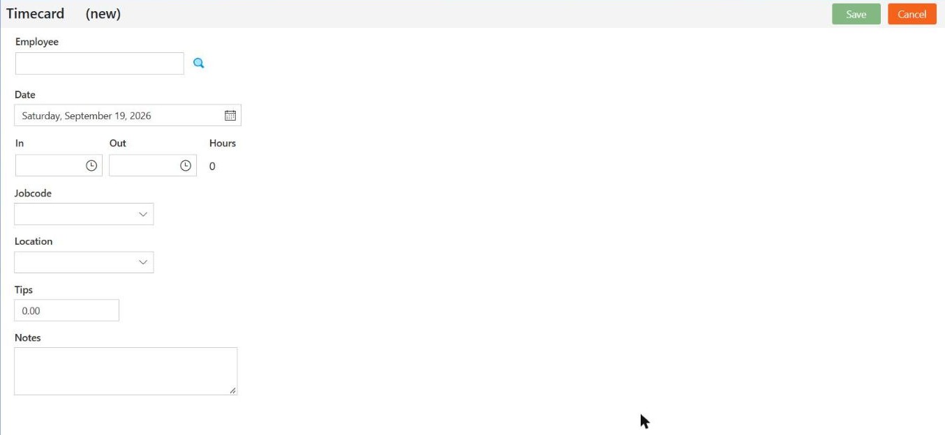 A blank timecard headed Timecard (new) with Employee, Date, In, Out, Hours, Jobcode, Location, Tips and Notes