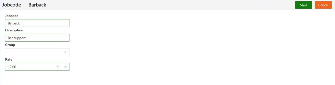A new job code with Barback in Jobcode, Bar support in Description, an empty Group and 12.00 in Rate, and Save in solid green