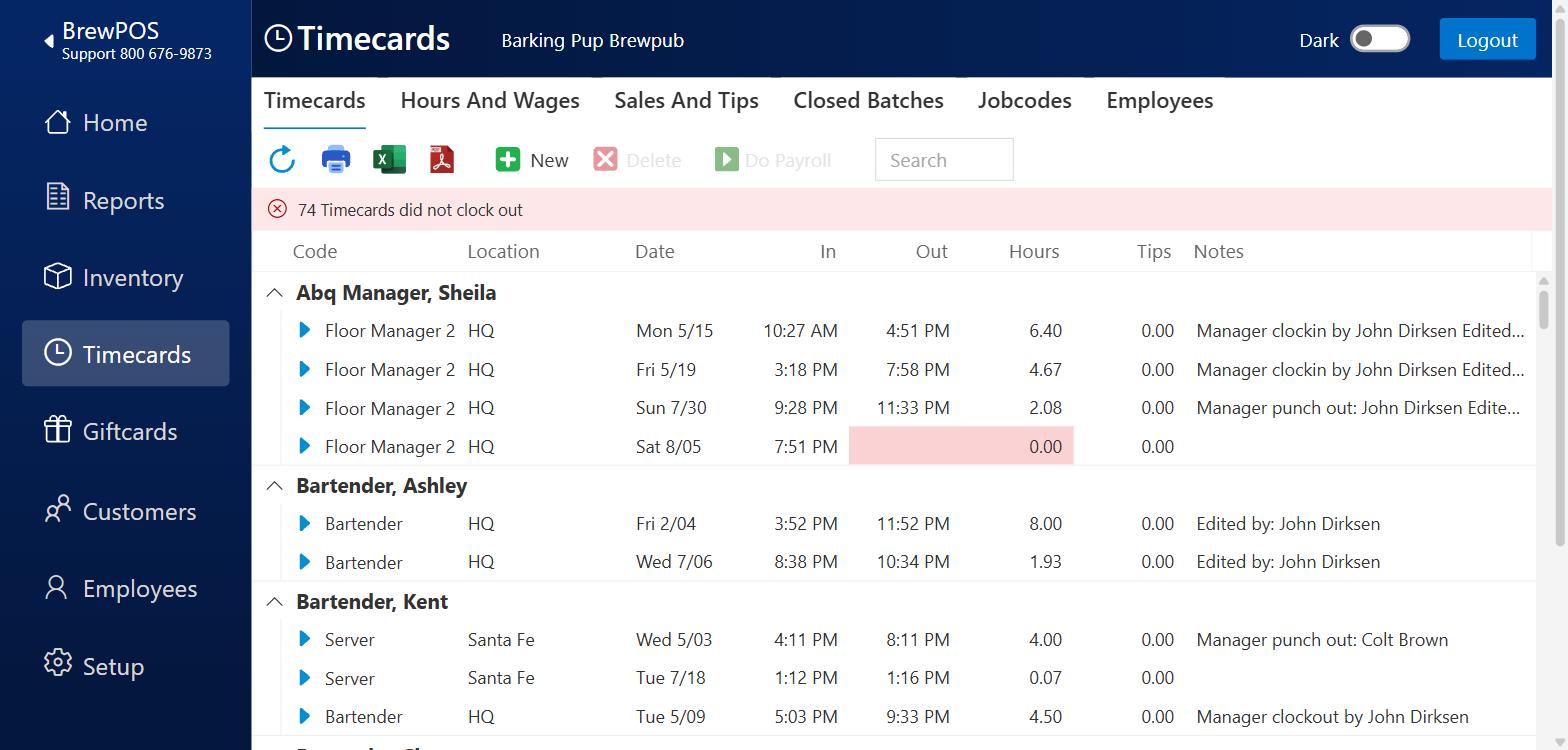 The Timecards tab: a red bar reading 74 Timecards did not clock out, timecards grouped under each member of staff, one row with pink Out and Hours cells, and Do Payroll greyed out