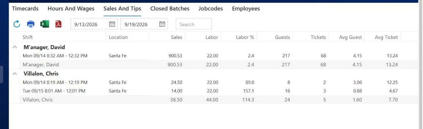 The Sales And Tips tab for 9/13/2026 to 9/19/2026 with Shift, Location, Sales, Labor, Labor %, Guests, Tickets, Avg Guest and Avg Ticket for each timecard