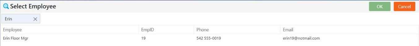 Select Employee with Erin typed in Search and one matching row, with OK and Cancel at the top right