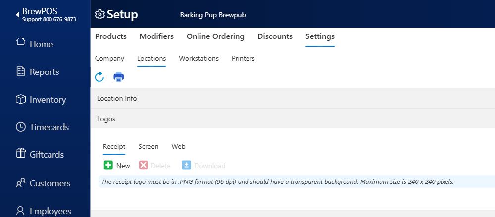 BREW POS Admin Setup, Settings, Locations, with the Logos section open on the Receipt tab and only the New button available