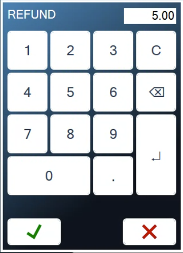The REFUND keypad with 5.00 keyed in