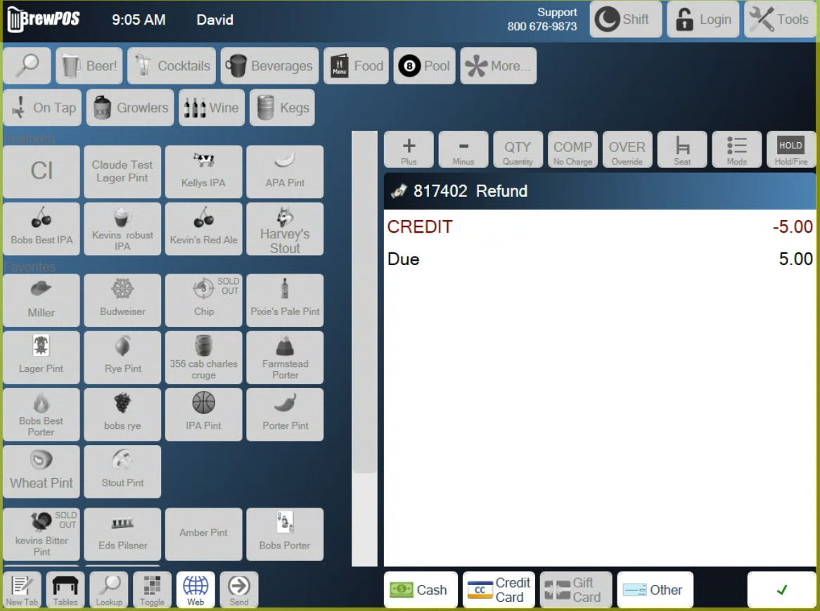 The payment window for a refund, with Cash, Credit Card, Gift Card and Other along the bottom