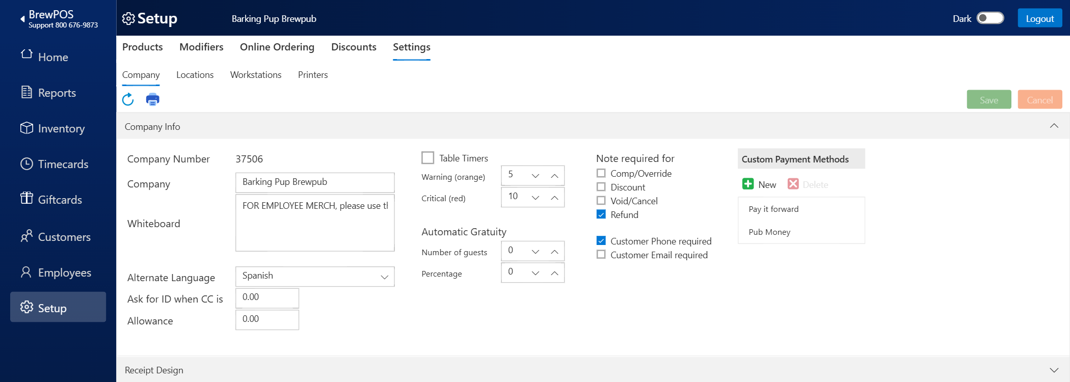BREW POS Admin Setup, Settings, Company with Company Info open. Custom Payment Methods on the right lists Pay it forward and Pub Money under New and Delete