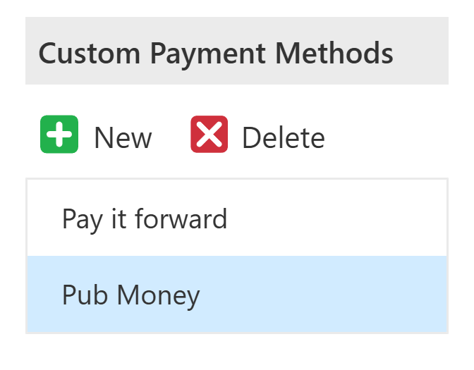 Custom Payment Methods list with Pub Money selected and the Delete button lit