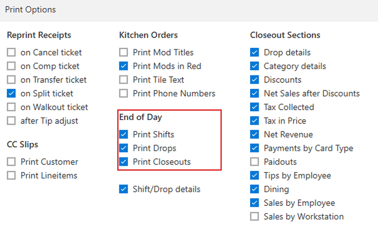 Print Options in BREW POS Admin, with the End of Day block outlined and Closeout Sections on the right