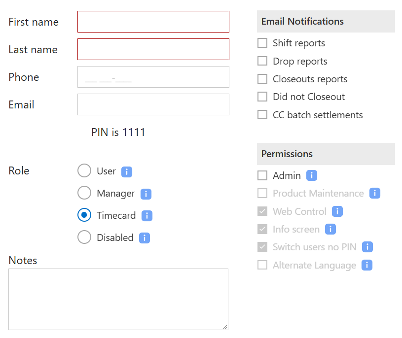 A new employee record with Timecard chosen next to Role, the Email Notifications boxes ready to tick, and Admin under Permissions unticked
