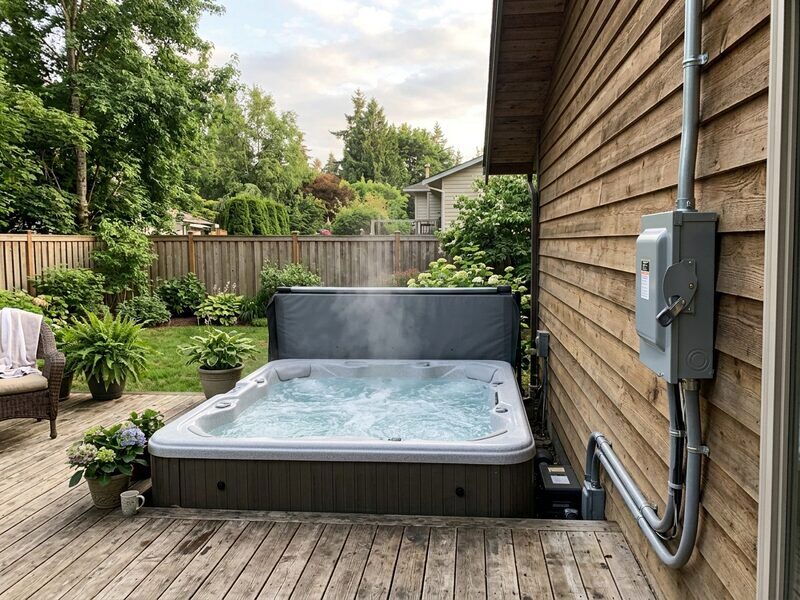 Hot tub on a deck with an electrical disconnect mounted nearby
