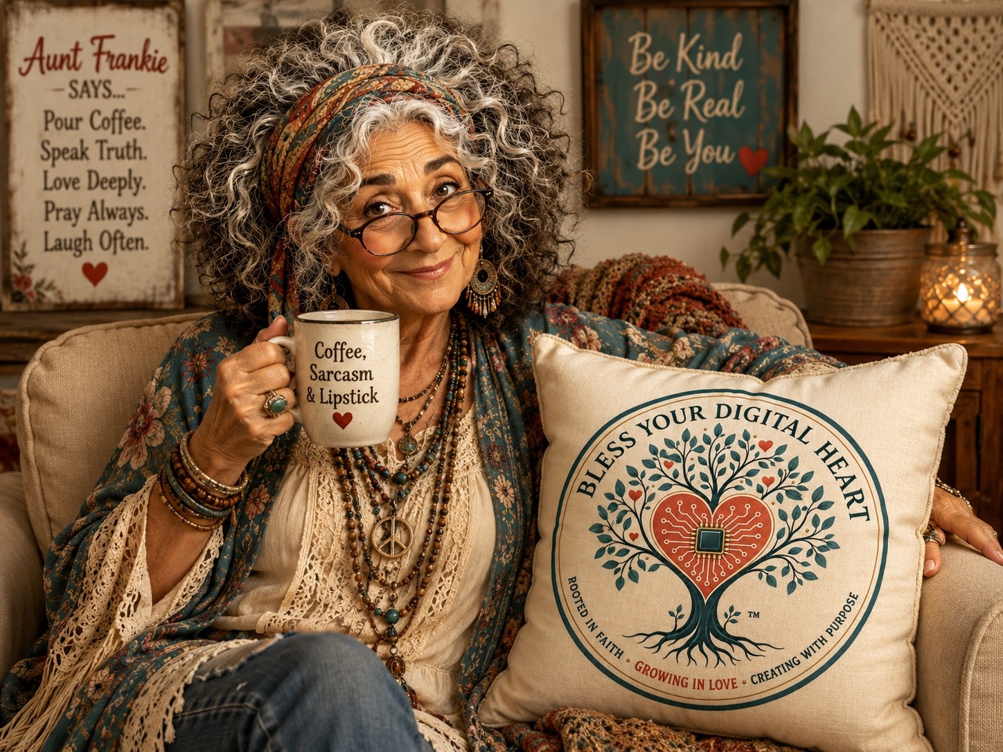 Aunt Frankie smiling with her coffee on the porch
