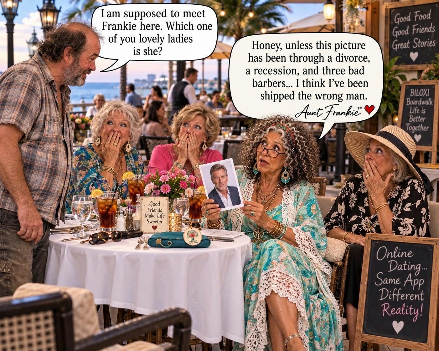 Aunt Frankie and friends enjoy dinner in Biloxi