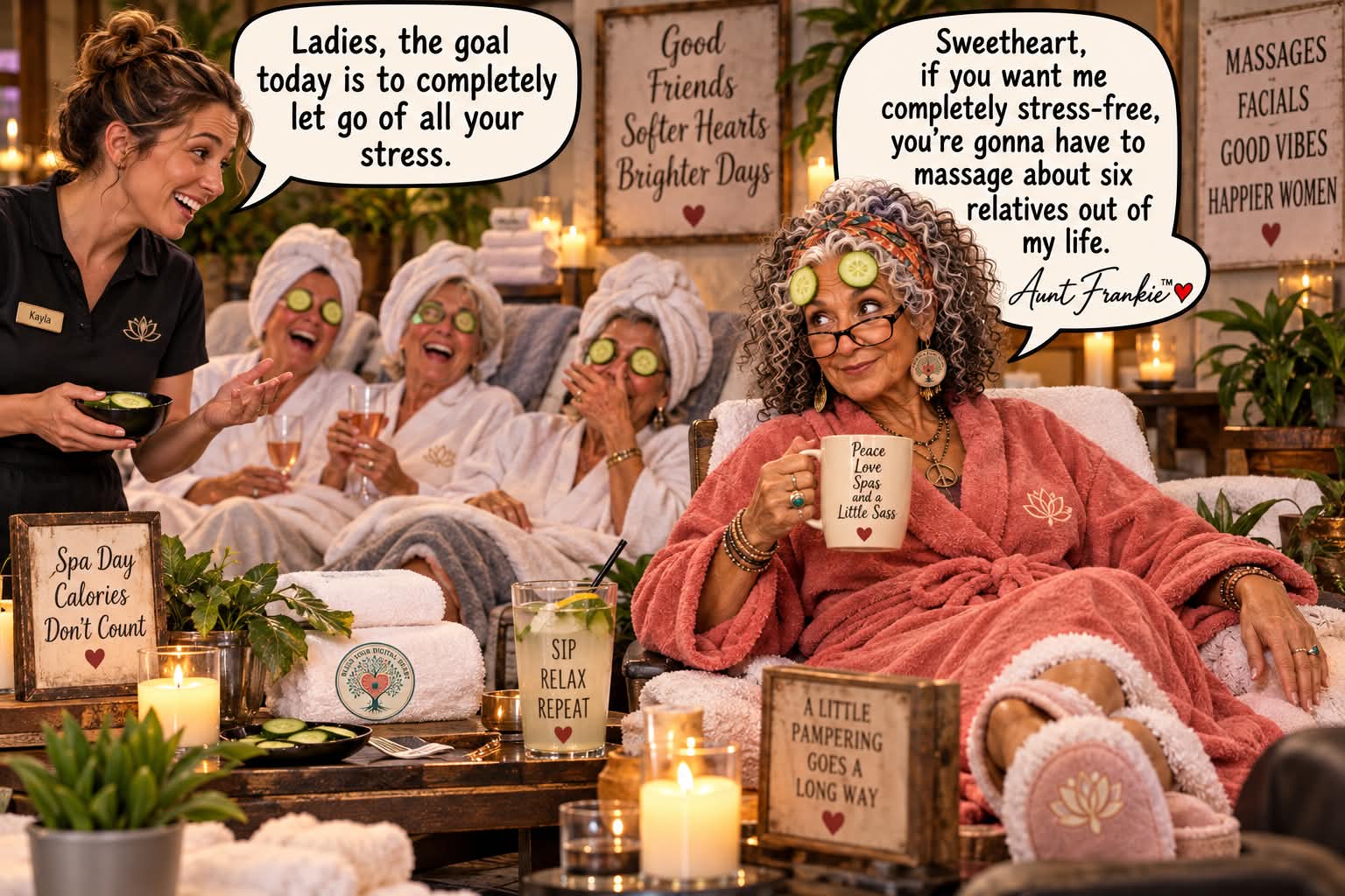 Aunt Frankie jokes with her friends during a spa day