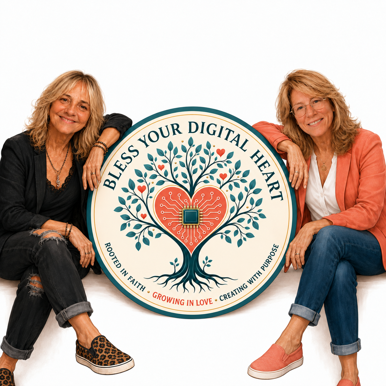 Di and Robin beside the Bless Your Digital Heart emblem