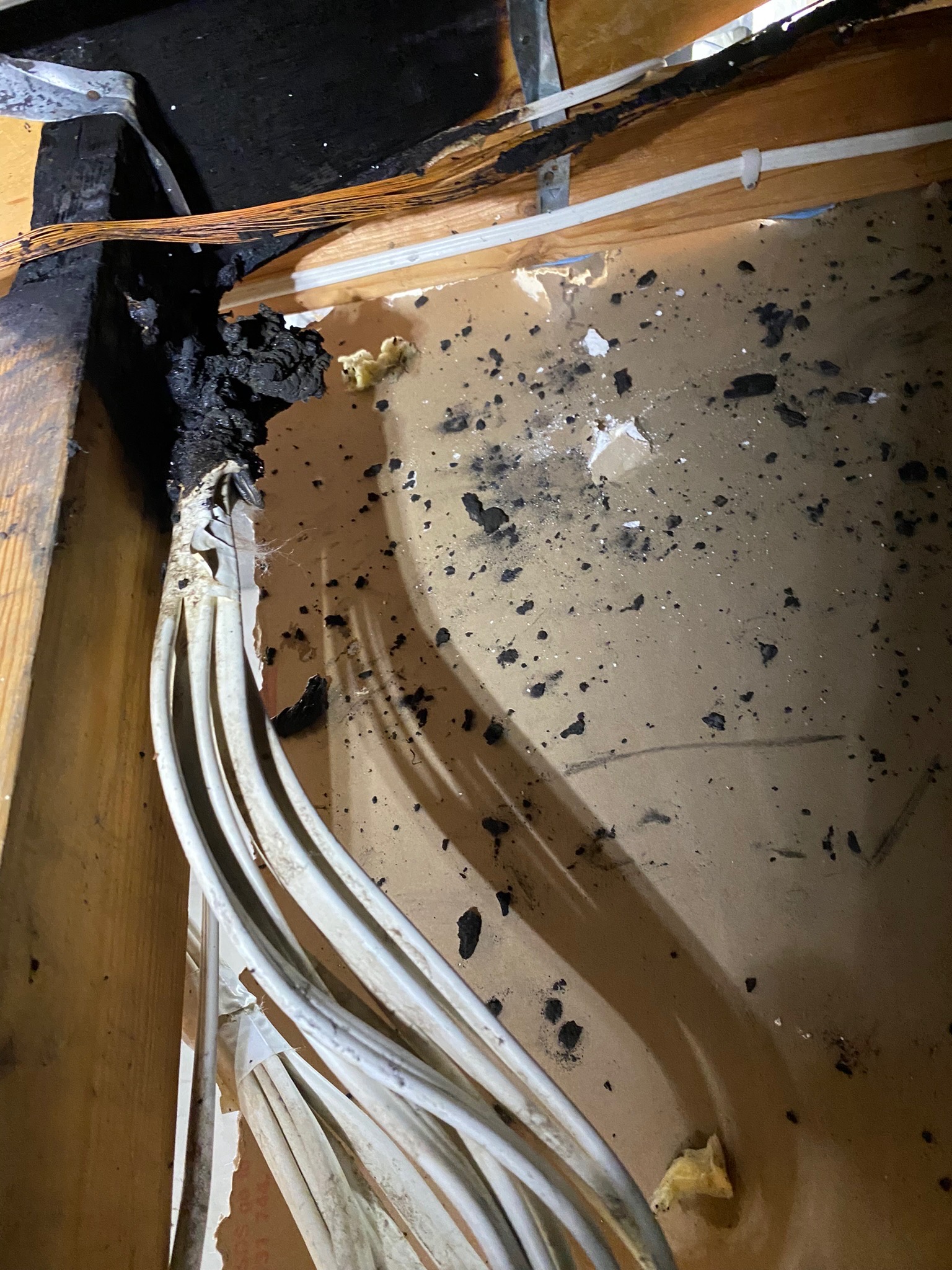 Burnt electrical cables in roof cavity