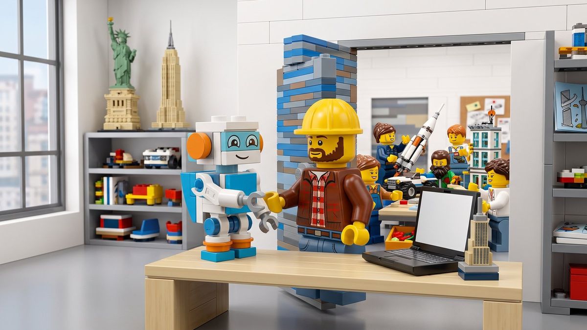Minifigura trabaja junto a un robot en una oficina de piezas