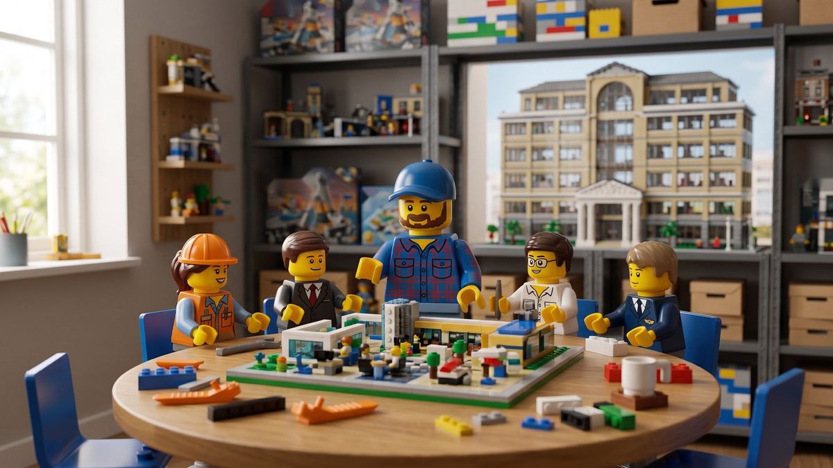 Minifiguras de oficina alrededor de una mesa construyen juntas una maqueta