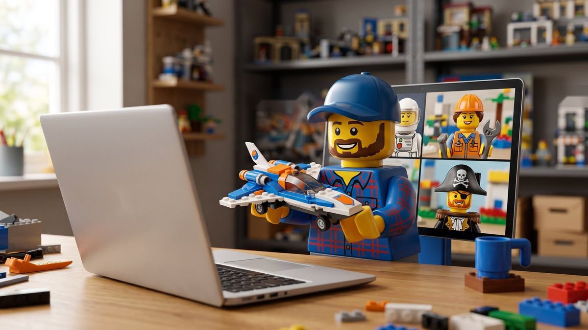 Minifigura frente a su computadora muestra su modelo en una sesión en vivo con otras minifiguras