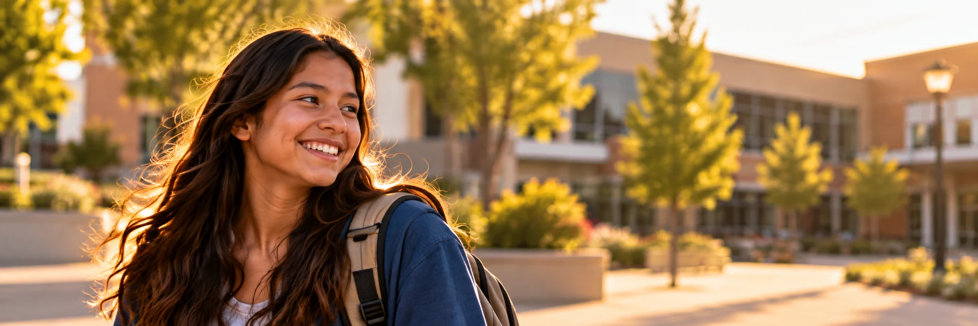 A student smiling on a school campus