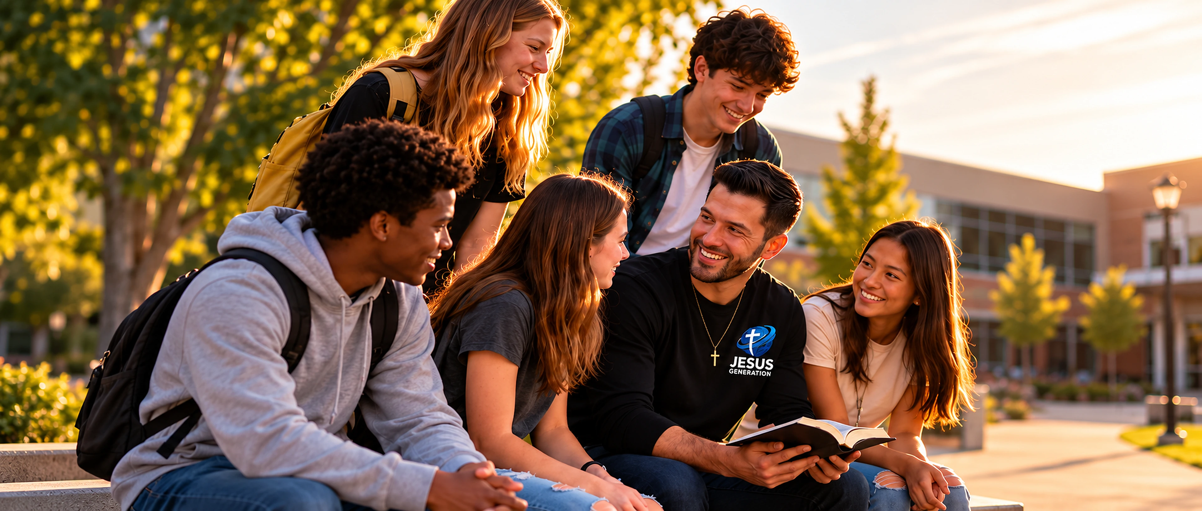 A chaplain and students gathered outdoors with an open Bible