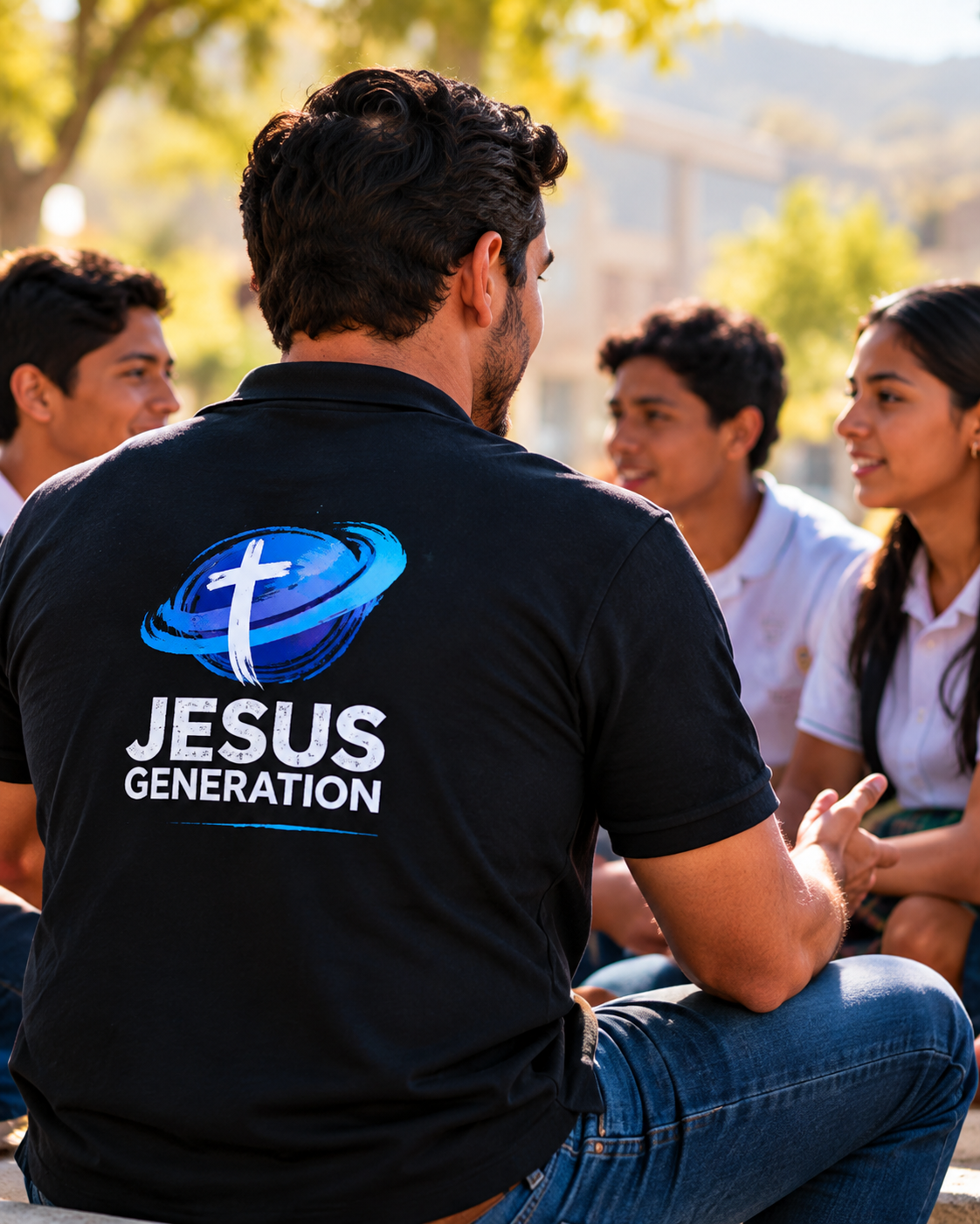 A chaplain speaking with students in uniform outdoors