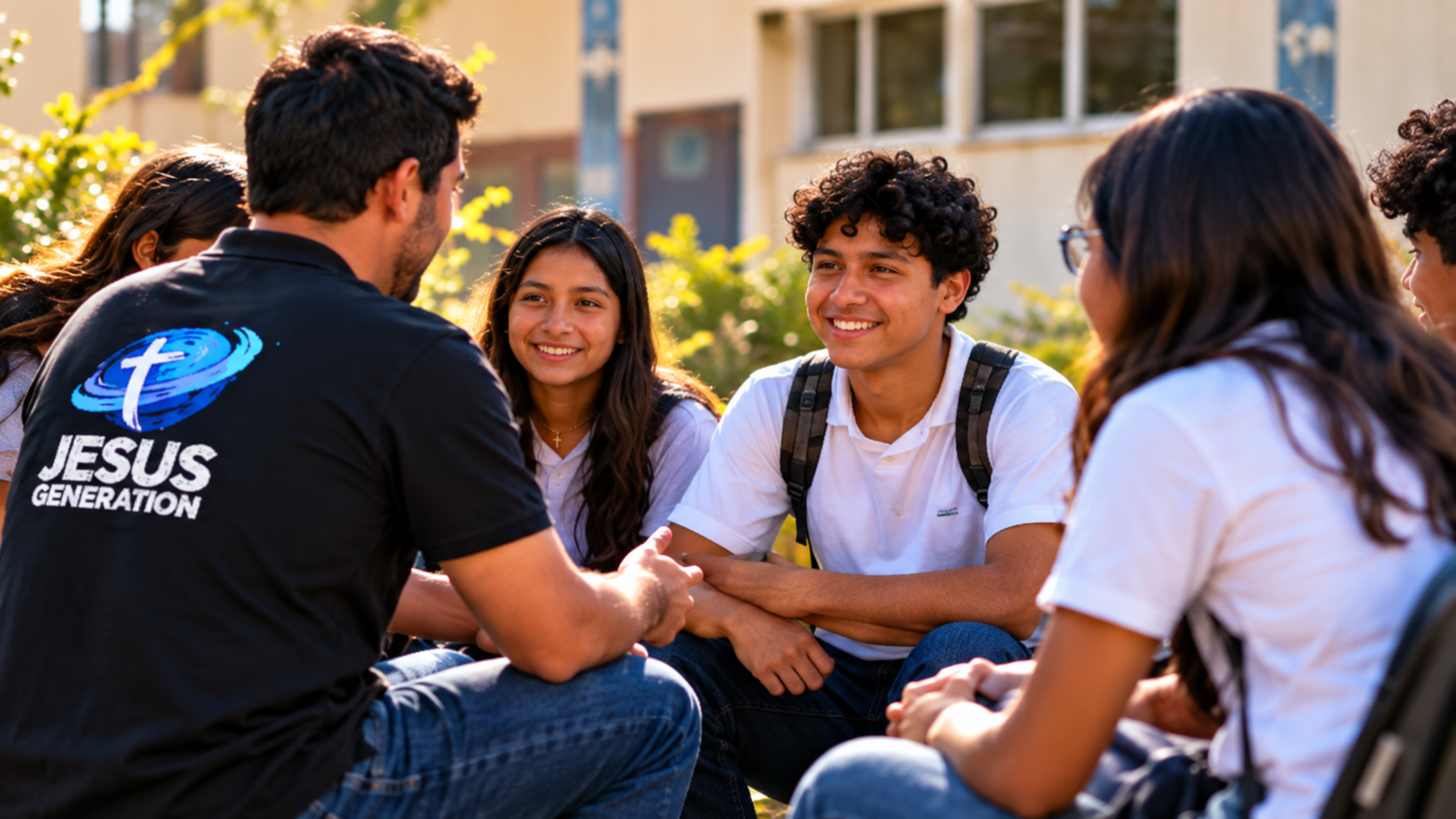 A chaplain with students in a sunlit courtyard
