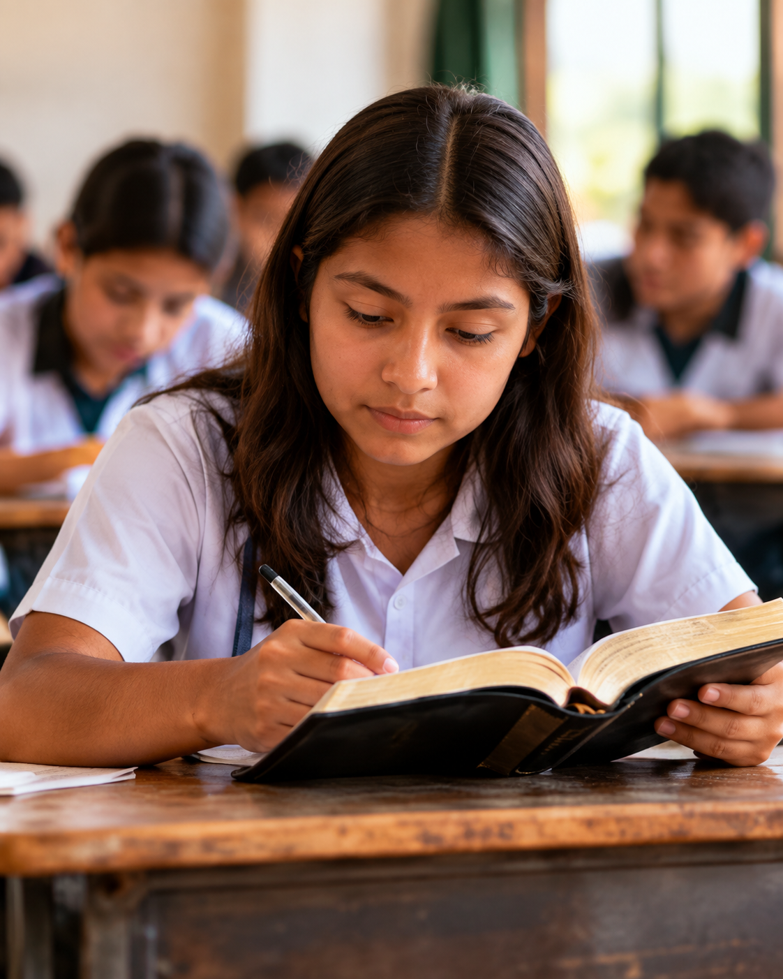 A student reading a Bible at a classroom desk