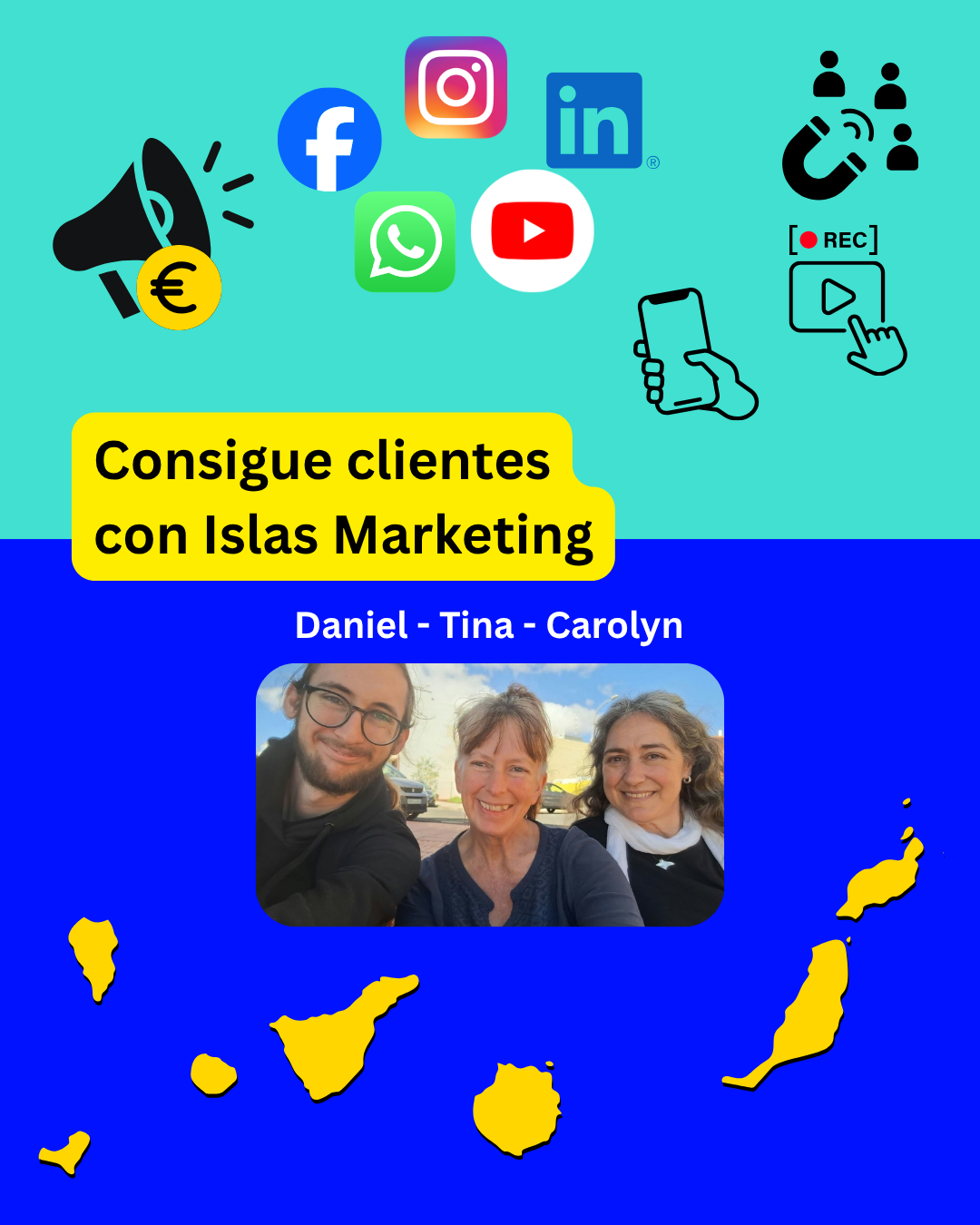 Esta foto incluye a Tina, Daniel y Caro en una foto rodeada por elementos de marketing, anuncios y otros metodos de conseguir clientes