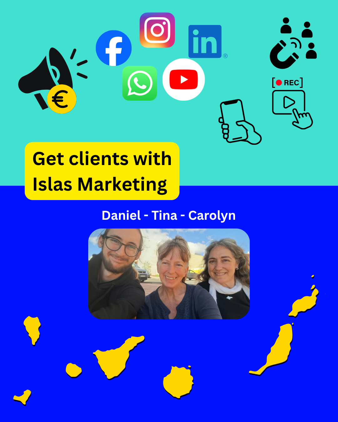 A photo that says Get clients with Islas Marketing, showing Tina, Daniel, and Carol, surrounded by icons of recording videos, launching ads, and getting clients