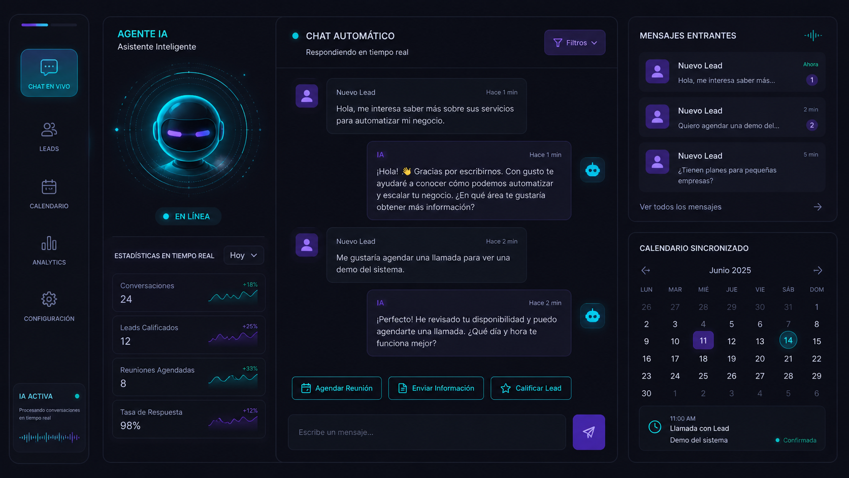 Agente IA respondiendo mensajes de clientes automáticamente con chat en tiempo real  y calendario integrado