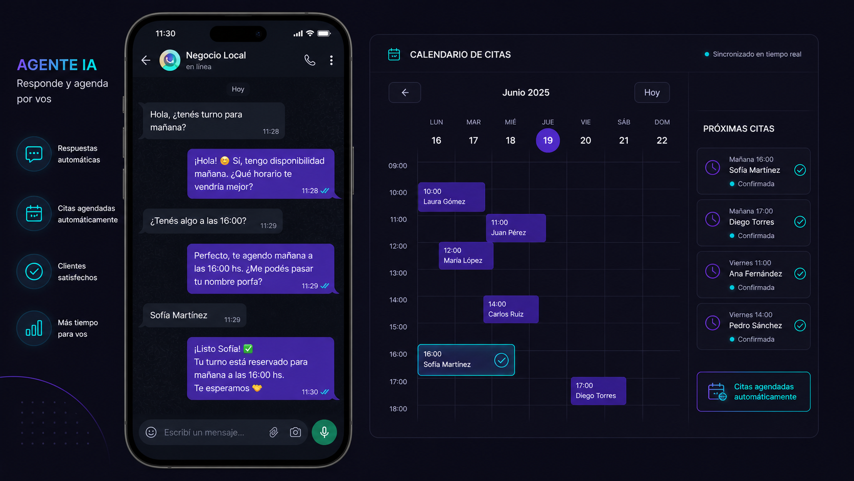 Agente IA respondiendo automáticamente mensajes de WhatsApp en tiempo real mientras agenda citas en calendario sincronizado. Chat muestra conversación con cliente, calendario muestra múltiples reservas confirmadas por el sistema.
