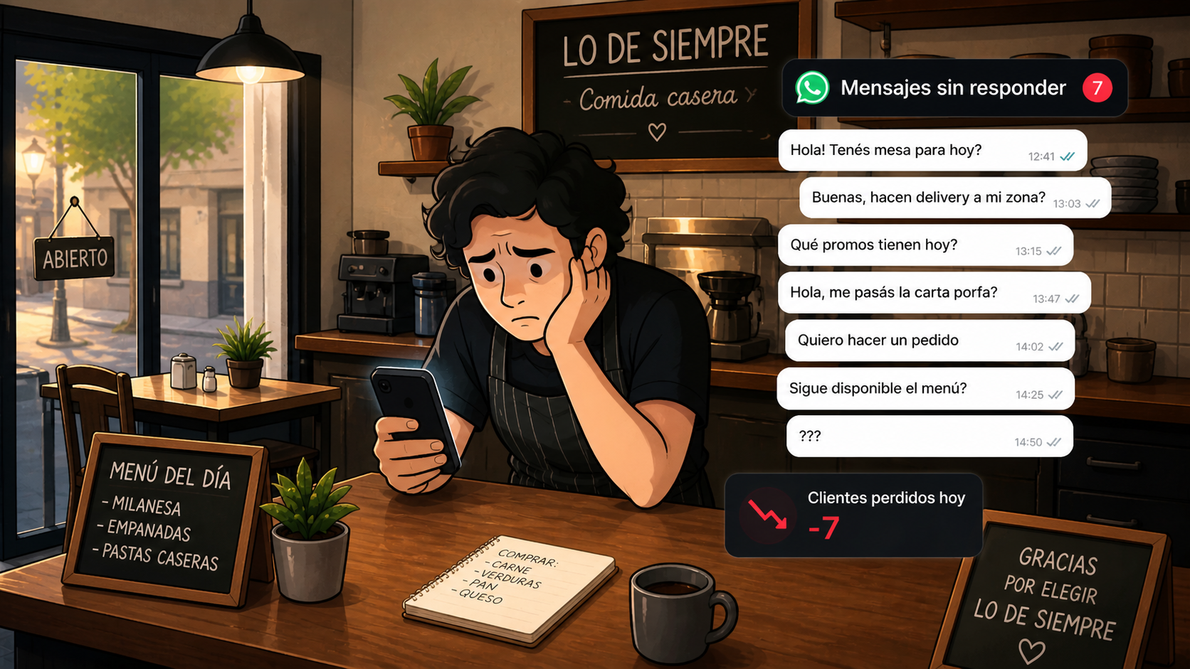 Dueño de restaurante estresado mirando móvil con 7 mensajes sin responder de clientes en WhatsApp. Imagen ilustra pérdida de clientes por falta de respuesta automática. Contexto: restaurante presencial "Lo de Siempre".