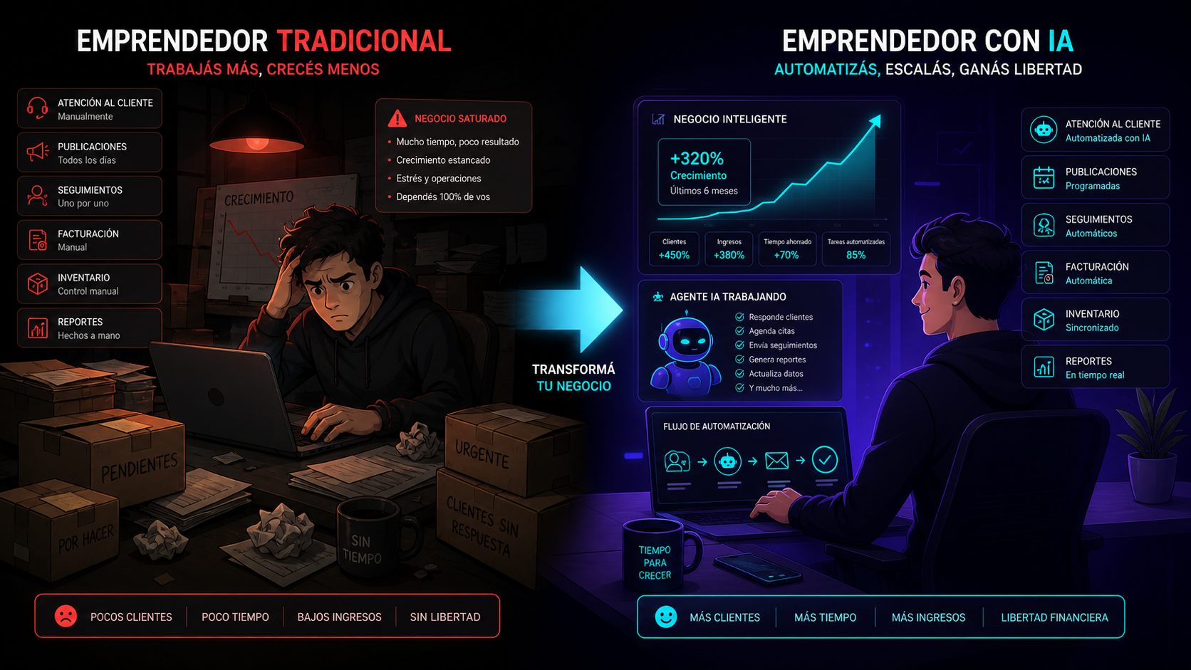 Comparativa emprendedor tradicional (saturado, manual) vs emprendedor con IA (automatizado, escalable). Flechas mostrando transformación.