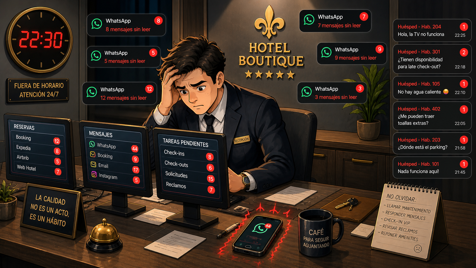 Recepcionista de hotel estresado con múltiples notificaciones de WhatsApp sin  responder fuera de horario. Móvil vibrando constantemente, ambiente caótico.