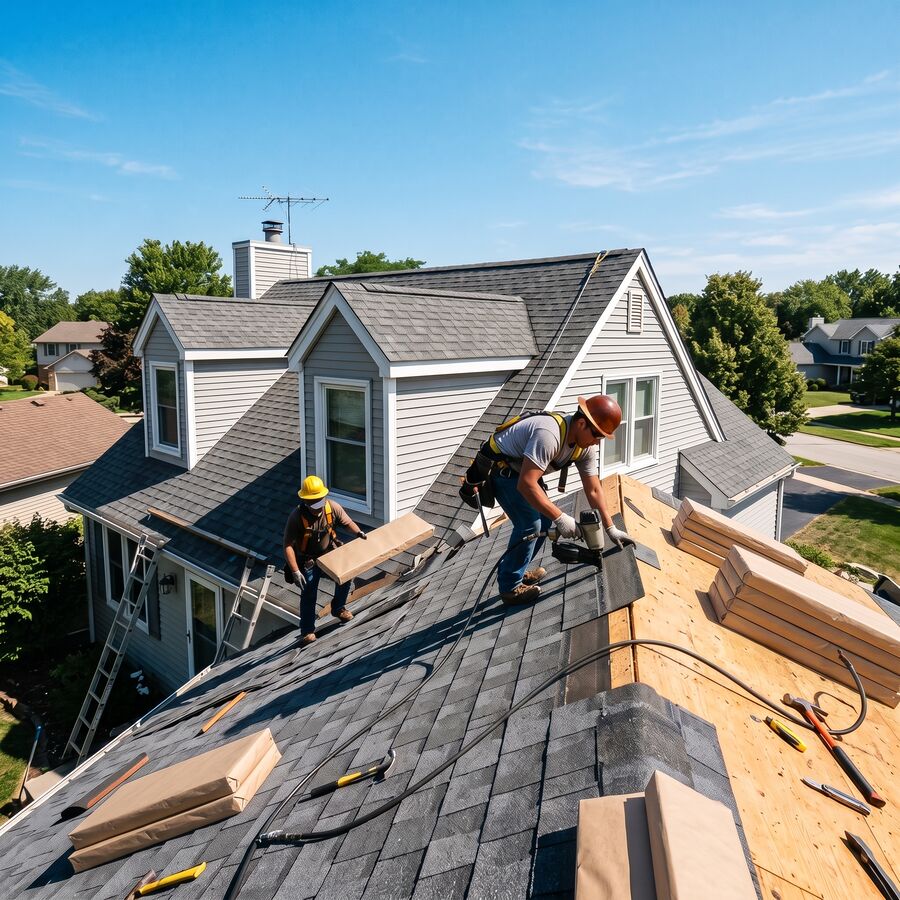 A roofing crew installing shingles