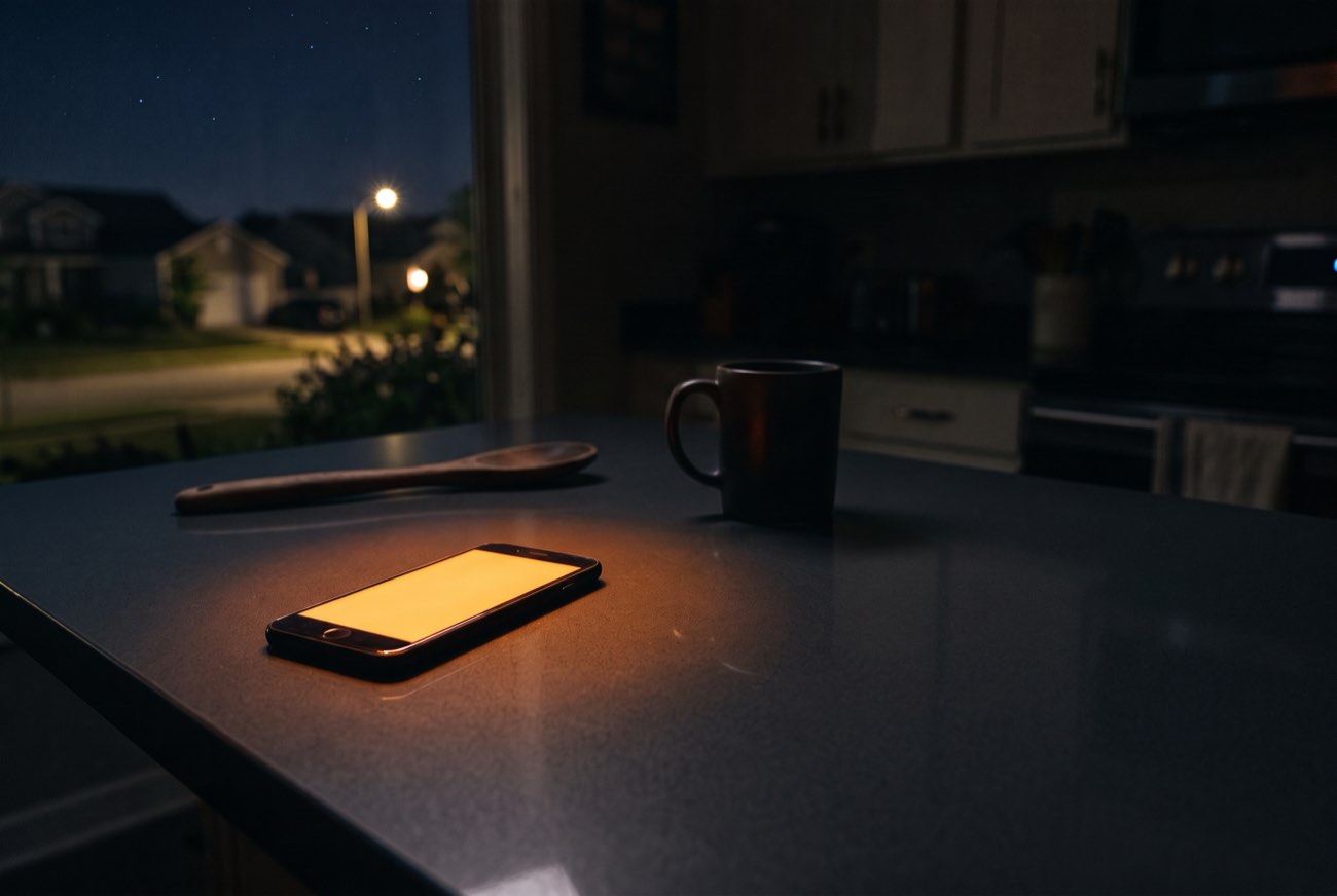A phone glowing on a dark kitchen island in the middle of the night — a lead being answered while the neighborhood sleeps