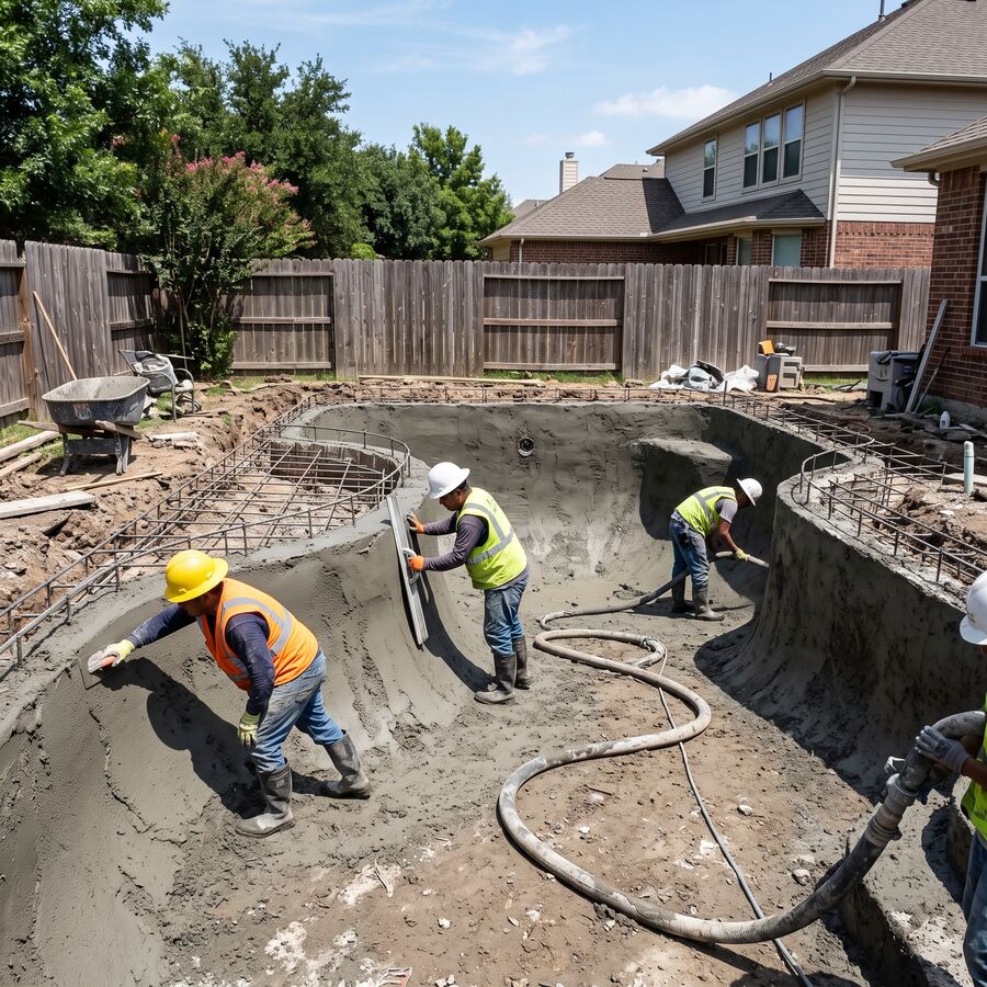 A backyard pool under construction